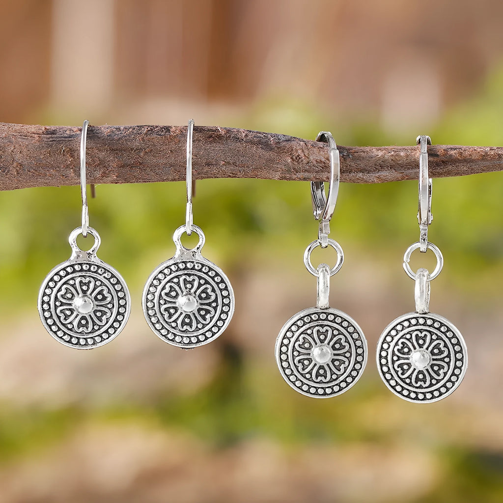 Bohemian retro round print earrings with distressed ethnic design and geometric shape in electroplated zinc alloy