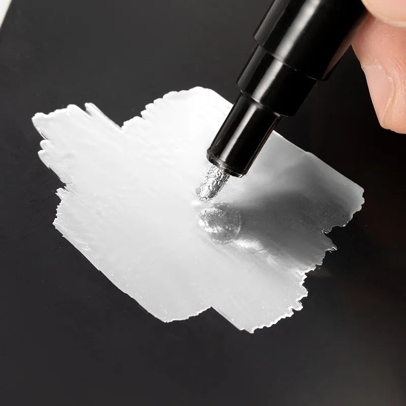 Waterproof mirror marker pen with plastic body, shown with 1mm and 2mm nib options.