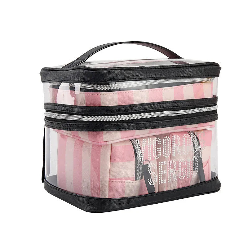 Pink bold striped floral pattern waterproof synthetic leather makeup bag with nylon lining