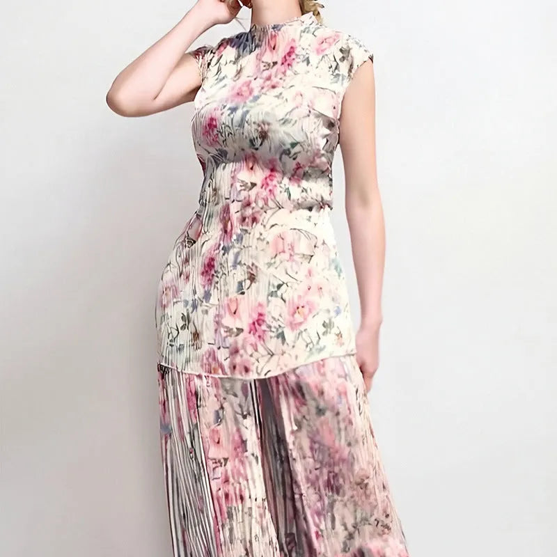 Long sleeve printed chiffon dress set with high waist skirt and matching top in picture colour floral design