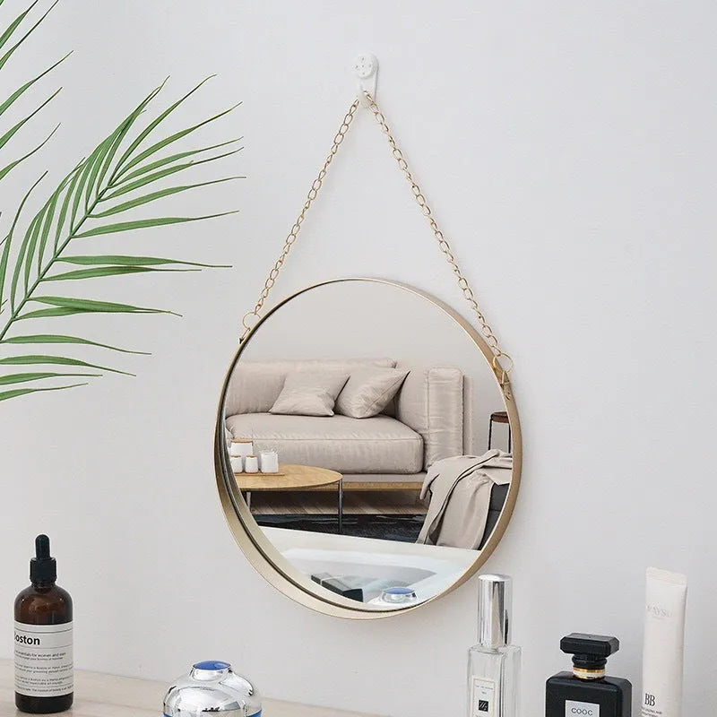 Gold round metal wrought iron bathroom wall mirror in Nordic style, packing size 25 x 25 x 4.5 cm
