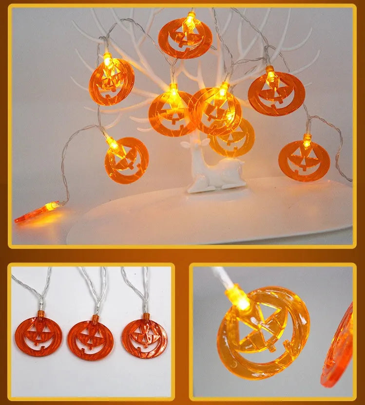 Halloween LED string lights with pumpkin ghost bat spider lantern decorations on 1.2m battery-powered string