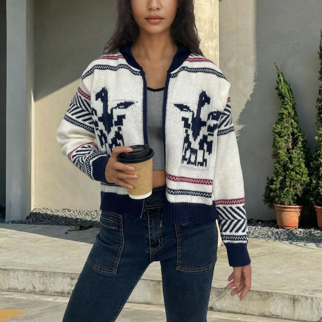 White women's zip-up cardigan with jacquard stripe pattern and lapel collar