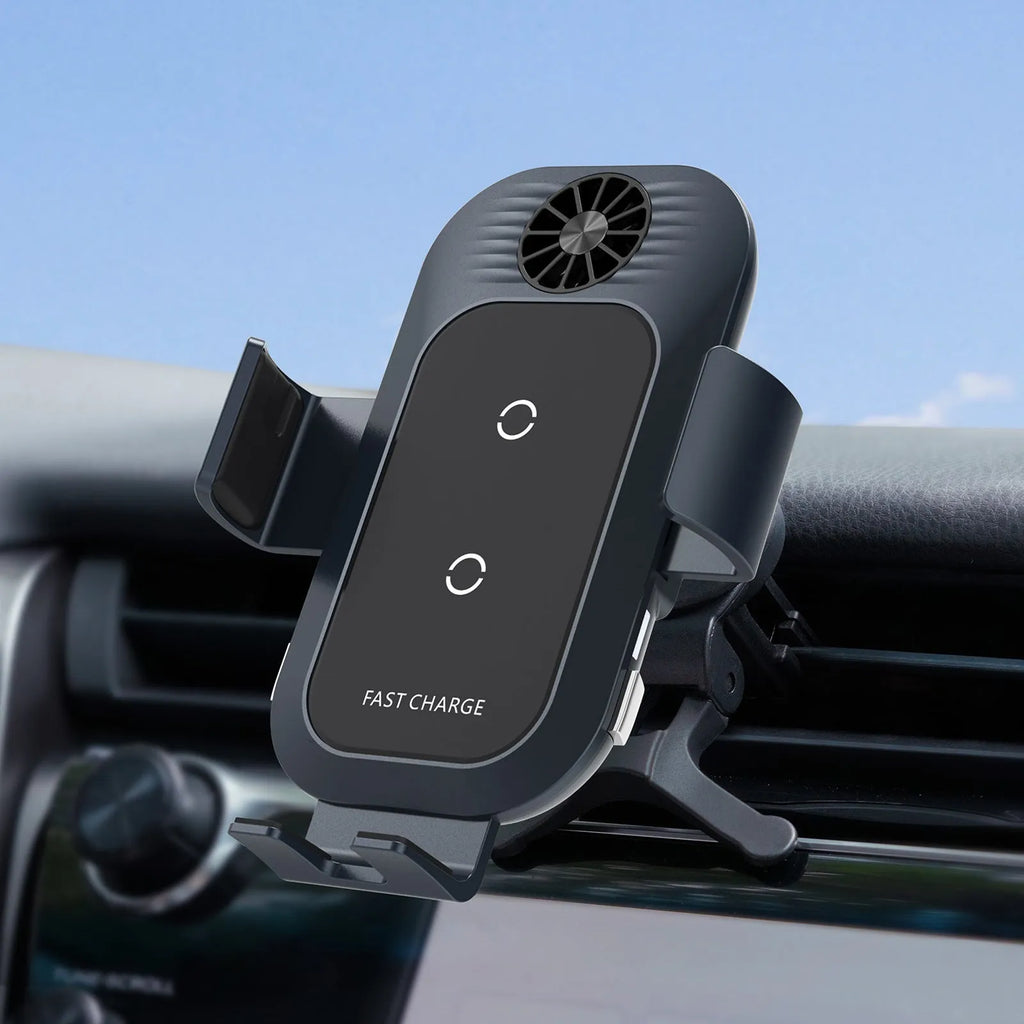 C35 matte black car wireless charger phone holder mounted on air vent with phone charging