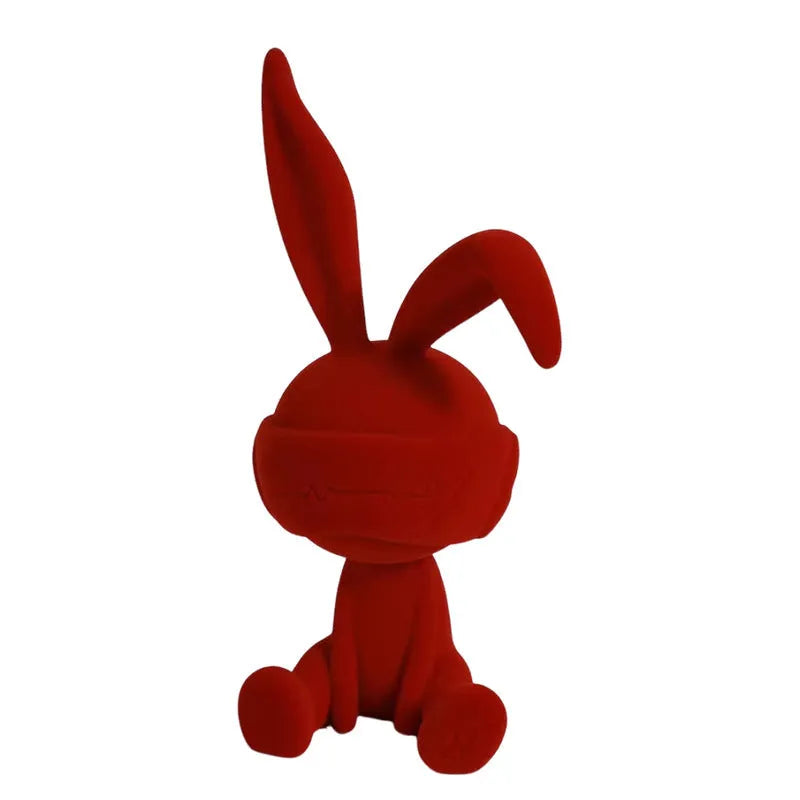 Suede blindfold rabbit resin table ornament in blue, green, or red colour options