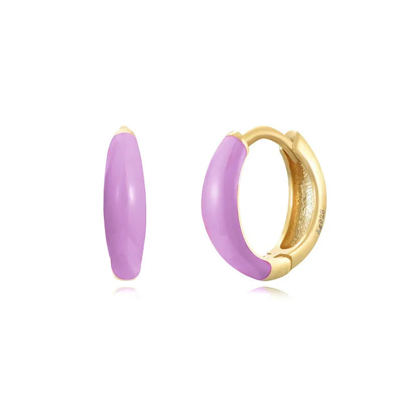 A pair of colourful epoxy oval curved earrings made from silver needle copper wire in a geometric U-shape design.