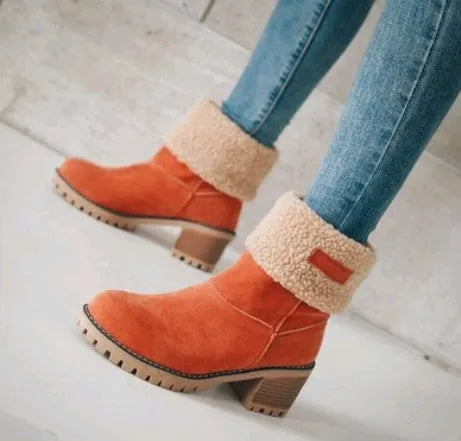 Women's mid-calf suede snow boots with a thick low heel in five colour options on a white background.