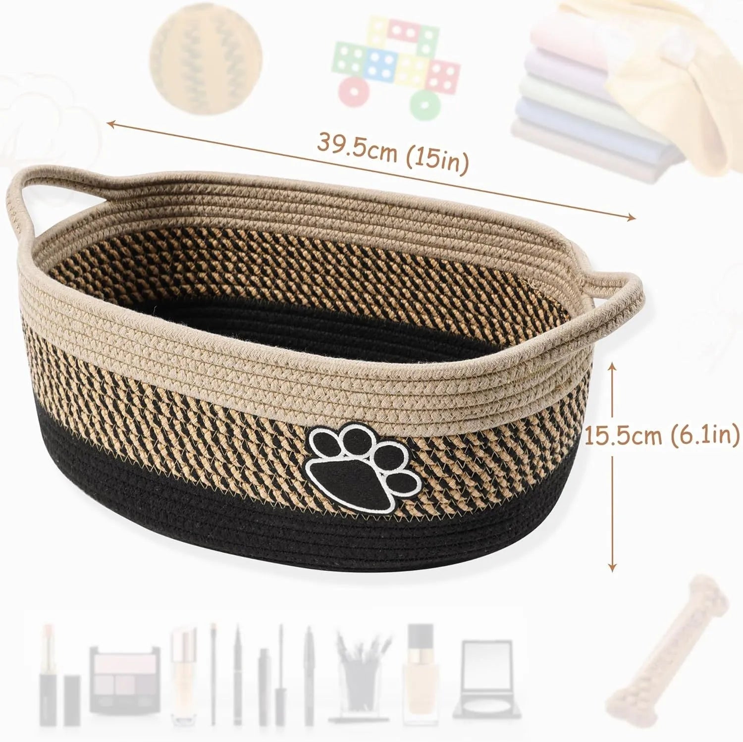 Light beige handmade woven cotton rope storage basket with wood accents and a handle.