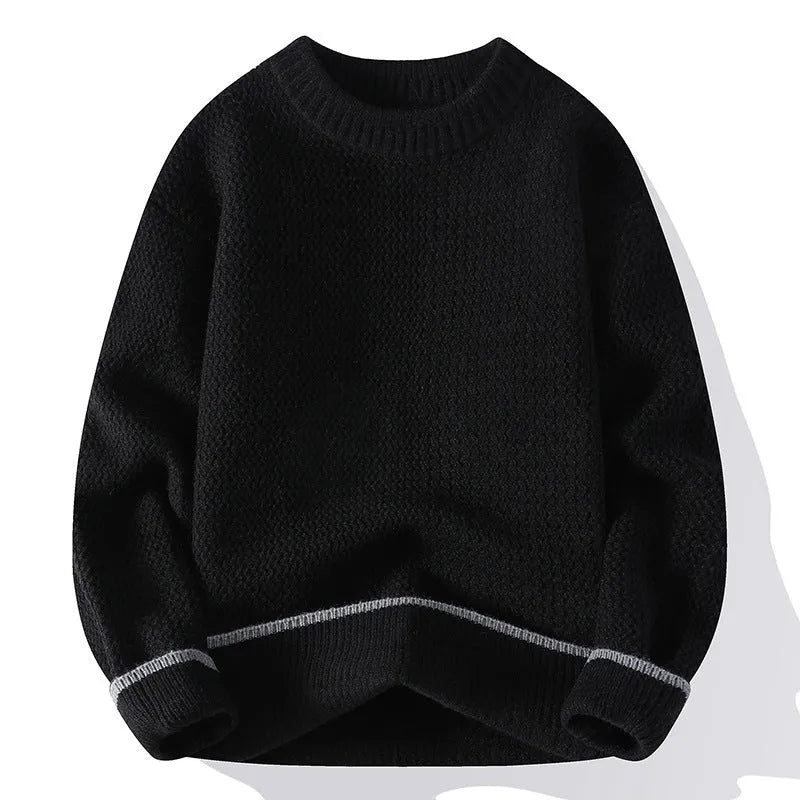 Grey men's casual loose fit round neck long sleeve knitwear sweater on a hanger.