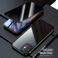 Magnetic anti-spy tempered glass and metal case for iPhone on a table, showing privacy screen effect.