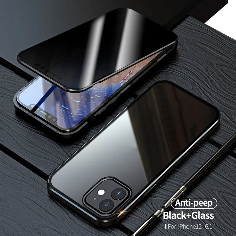 Magnetic anti-spy tempered glass and metal case for iPhone on a table, showing privacy screen effect.