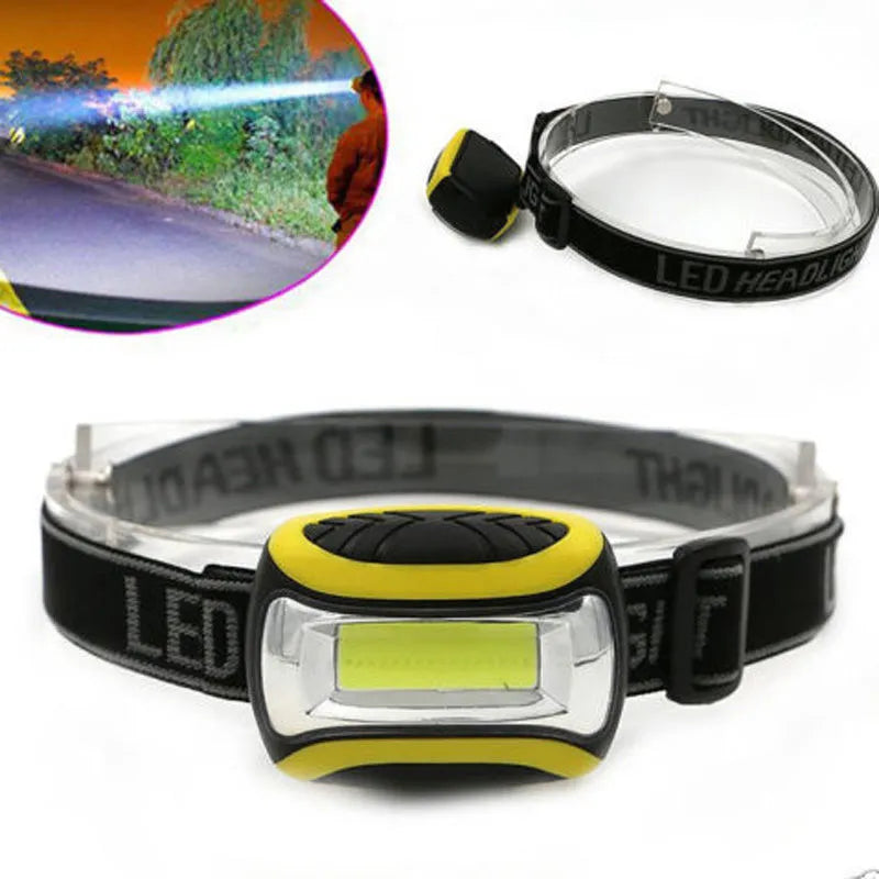 Yellow three-speed COB headlamp for outdoor night riding and hands-free work.