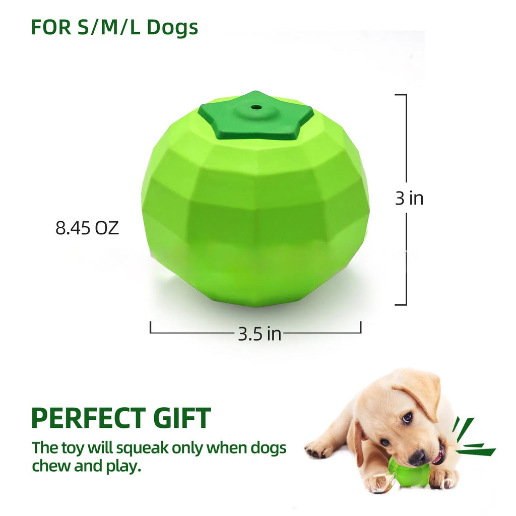 Green natural rubber dog squeaky toy ball for aggressive chewers, 90mm diameter