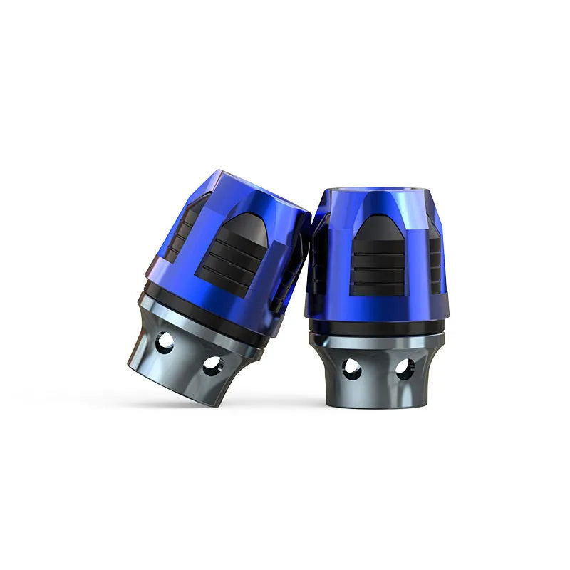 Pair of CNC-machined aluminium alloy fork cups for electric car or motorcycle front axle.