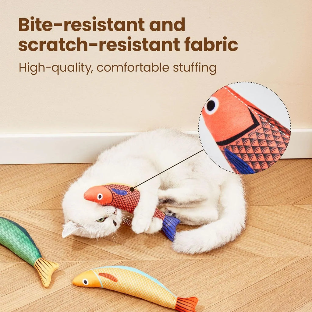 Green, orange, and yellow soft plush saury fish cat toys with catnip filling for interactive play