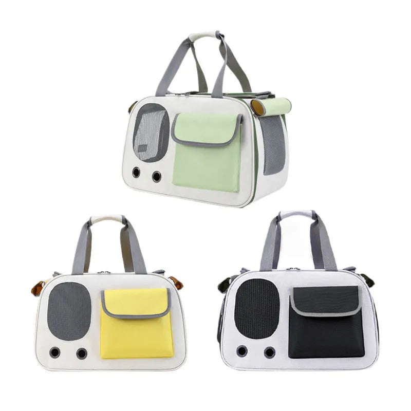 Foldable canvas pet shoulder bag shown in black, green, and yellow colour options