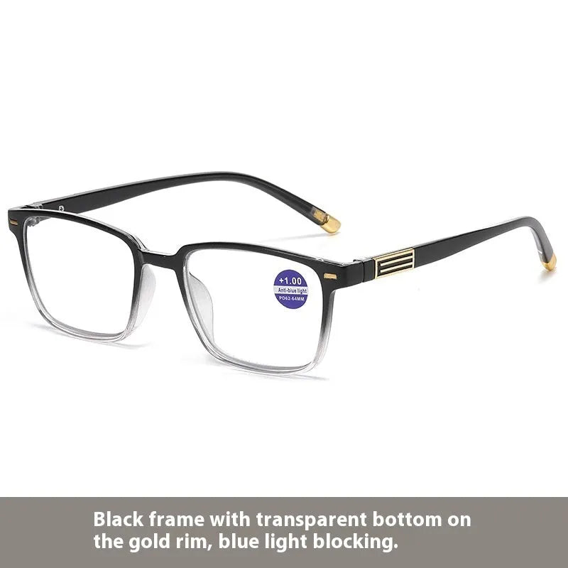 Anti blue light multifocal reading glasses with photochromic colour changing lenses in various frame styles