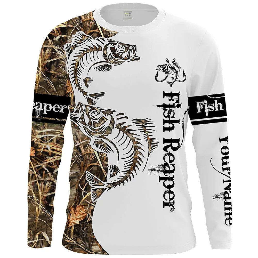 Men's long-sleeved pullover top with a printed fish motif on the front.