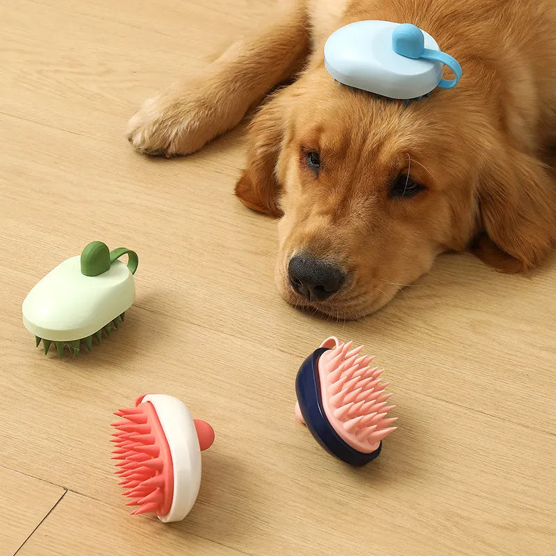Handheld silicone pet grooming brush for dogs in light blue colour with soft bristles
