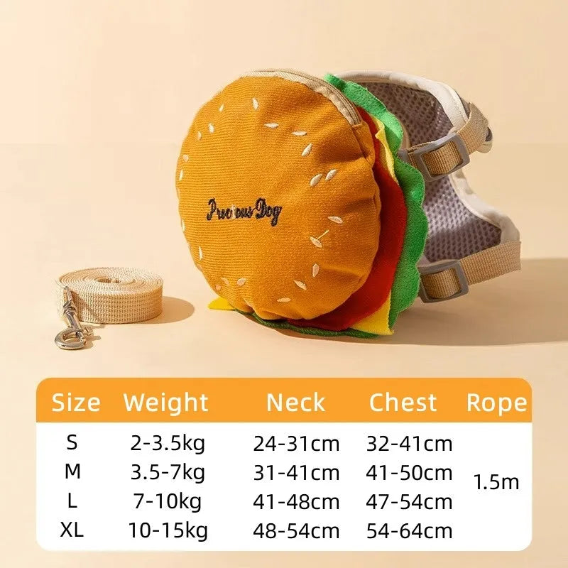 Cartoon hamburger design pet vest leash with adjustable straps and backpack feature