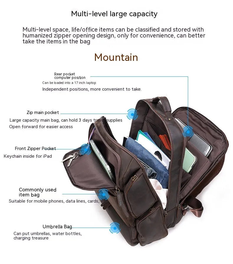Dark brown genuine leather backpack with 17-inch laptop compartment and multiple organisational pockets