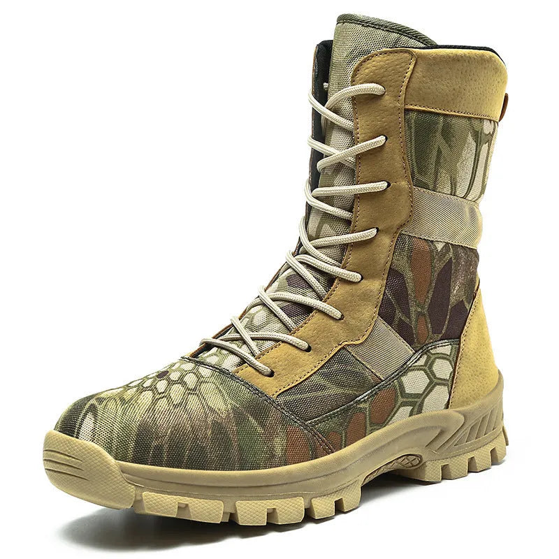 Men's black and camouflage plus size high-top combat boots with mesh upper and totem design.