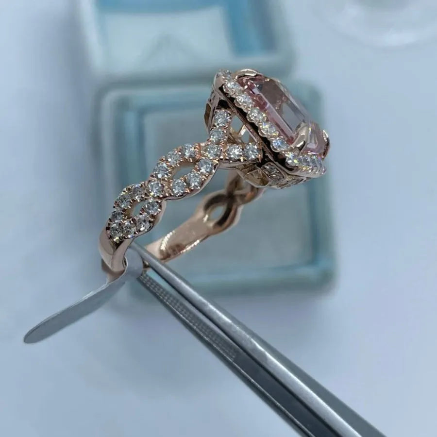 Geometric rose gold alloy ring with electroplated finish shown in various angles