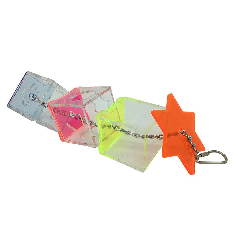 Clear acrylic parrot foraging toy measuring 5cm by 5cm by 32cm with bird treats visible inside