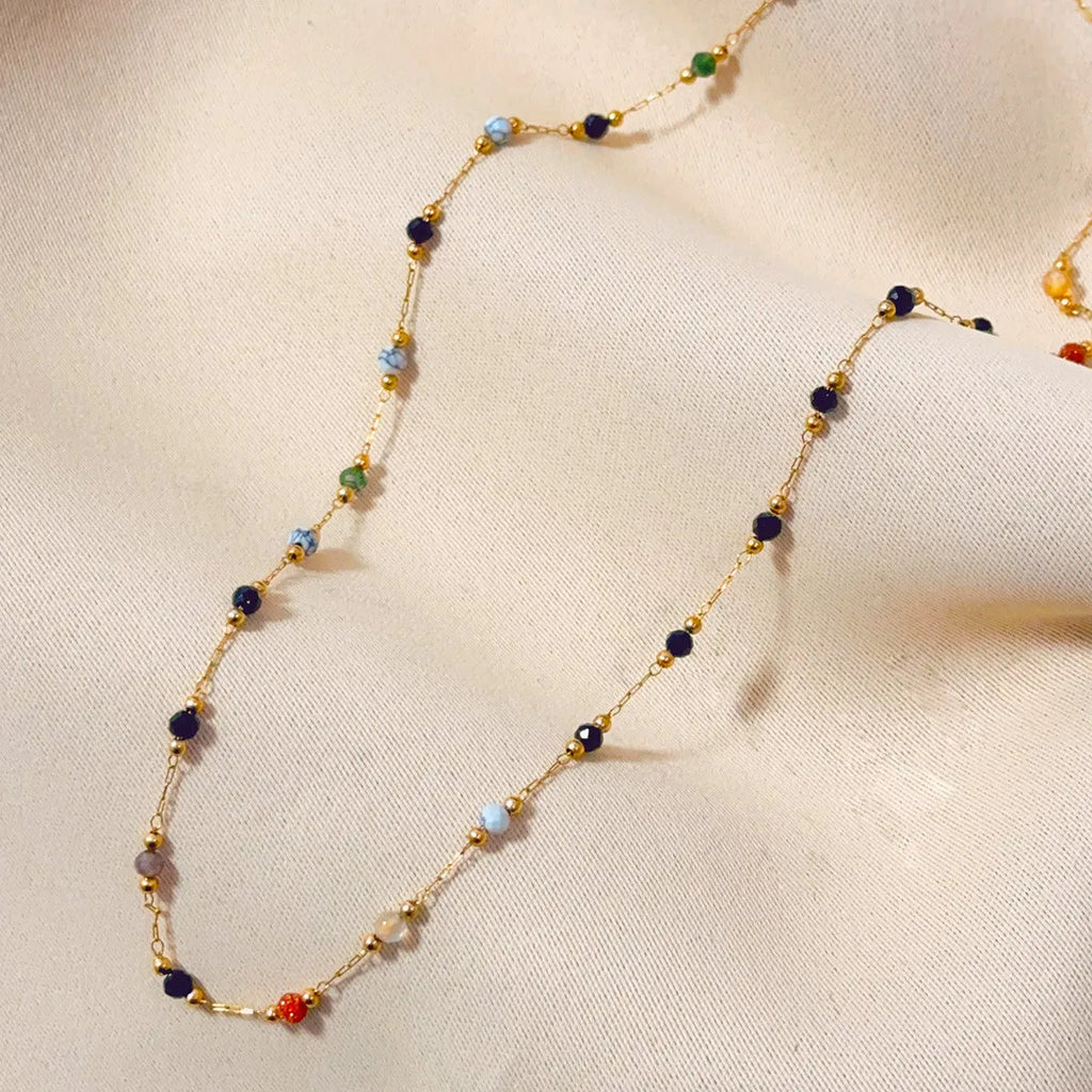 Gold titanium steel women's necklace with natural stone pendant on O-ring chain