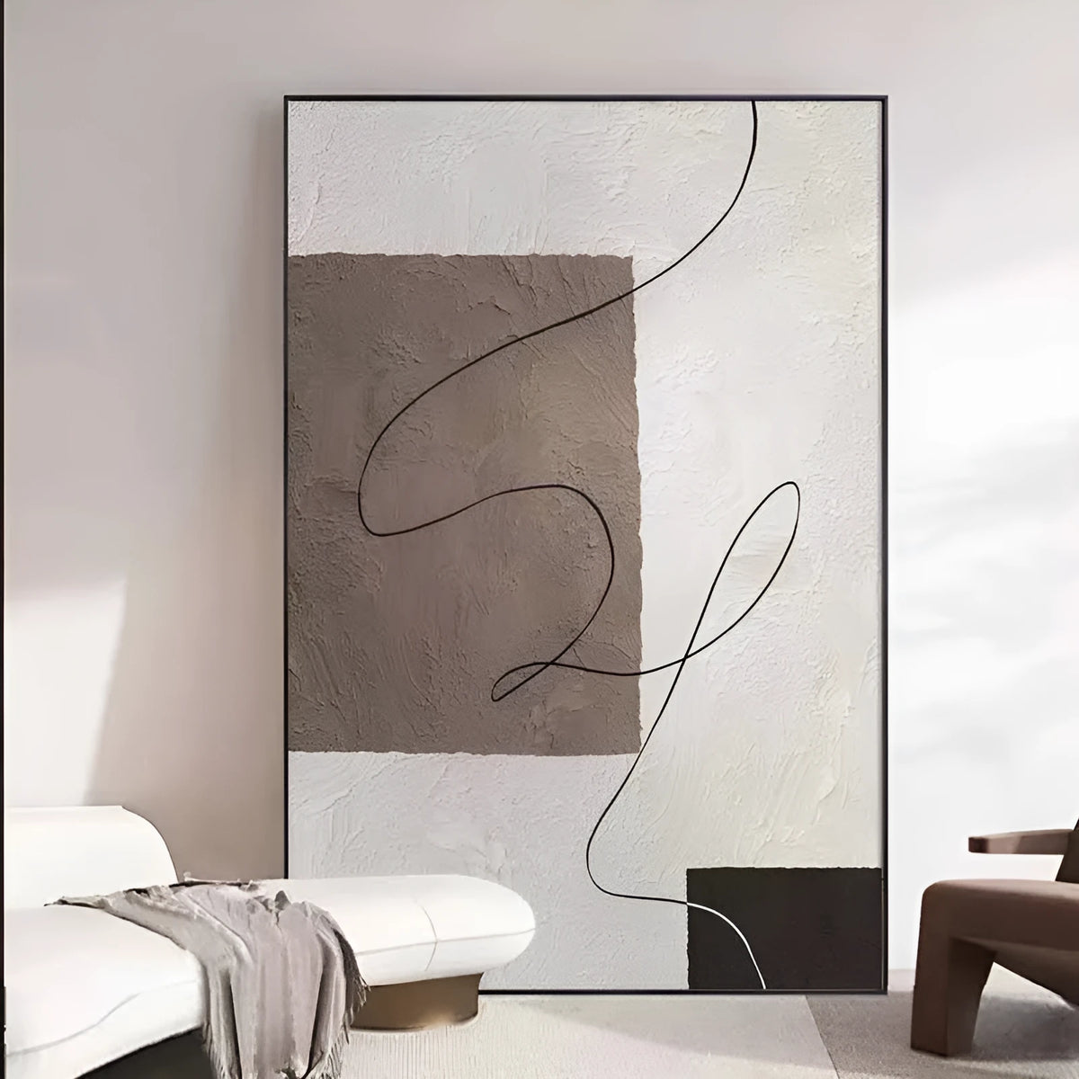 Hand-painted abstract oil painting on canvas, rolled frameless vertical wall art in brown beige for living room or bedroom decor