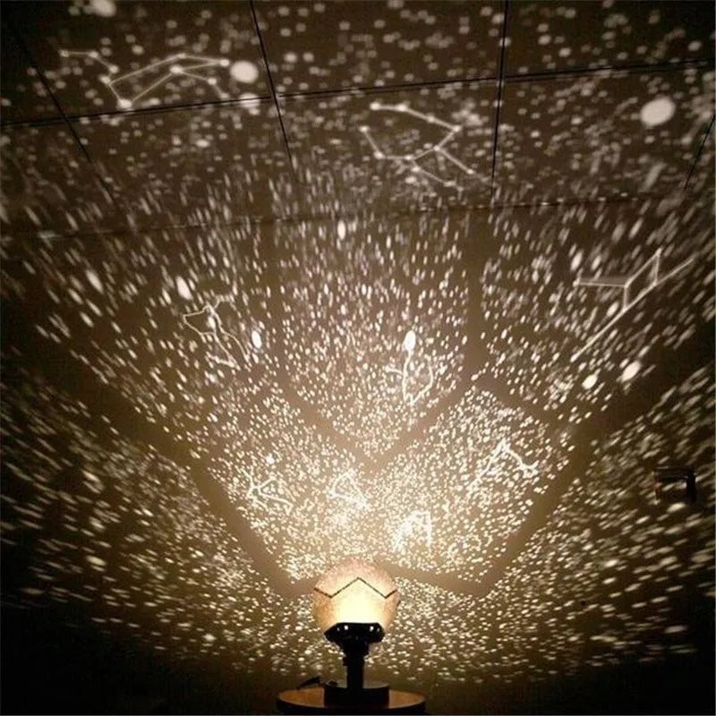 LED star projector showing constellation patterns on a ceiling, with remote control.