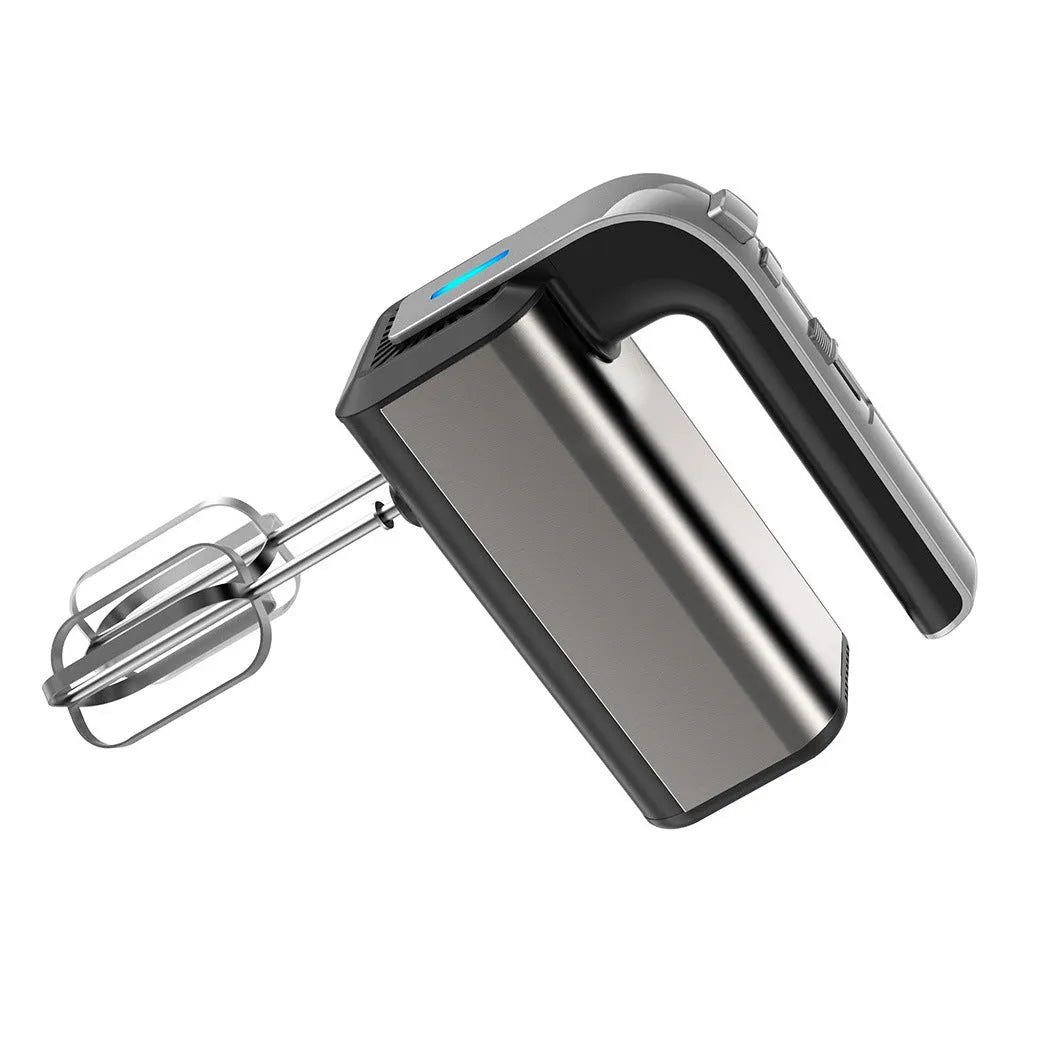 Silver handheld electric whisk with mixing attachments and five speed control dial