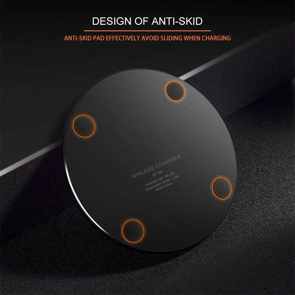 Ultra-thin black wireless charging pad with QI fast charge capability measuring 98x98mm