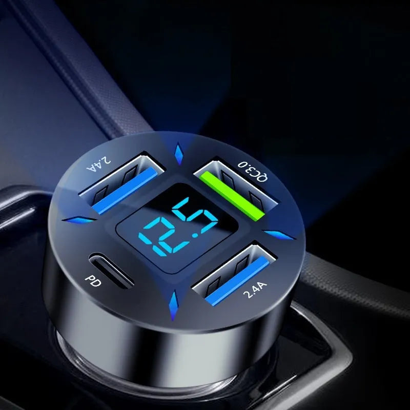 C177 four-port USB car charger with LED digital display, shown plugged into a vehicle power outlet.