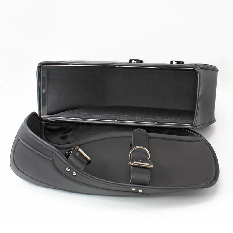 Black retro PU leather motorcycle saddlebag mounted on a bike side.