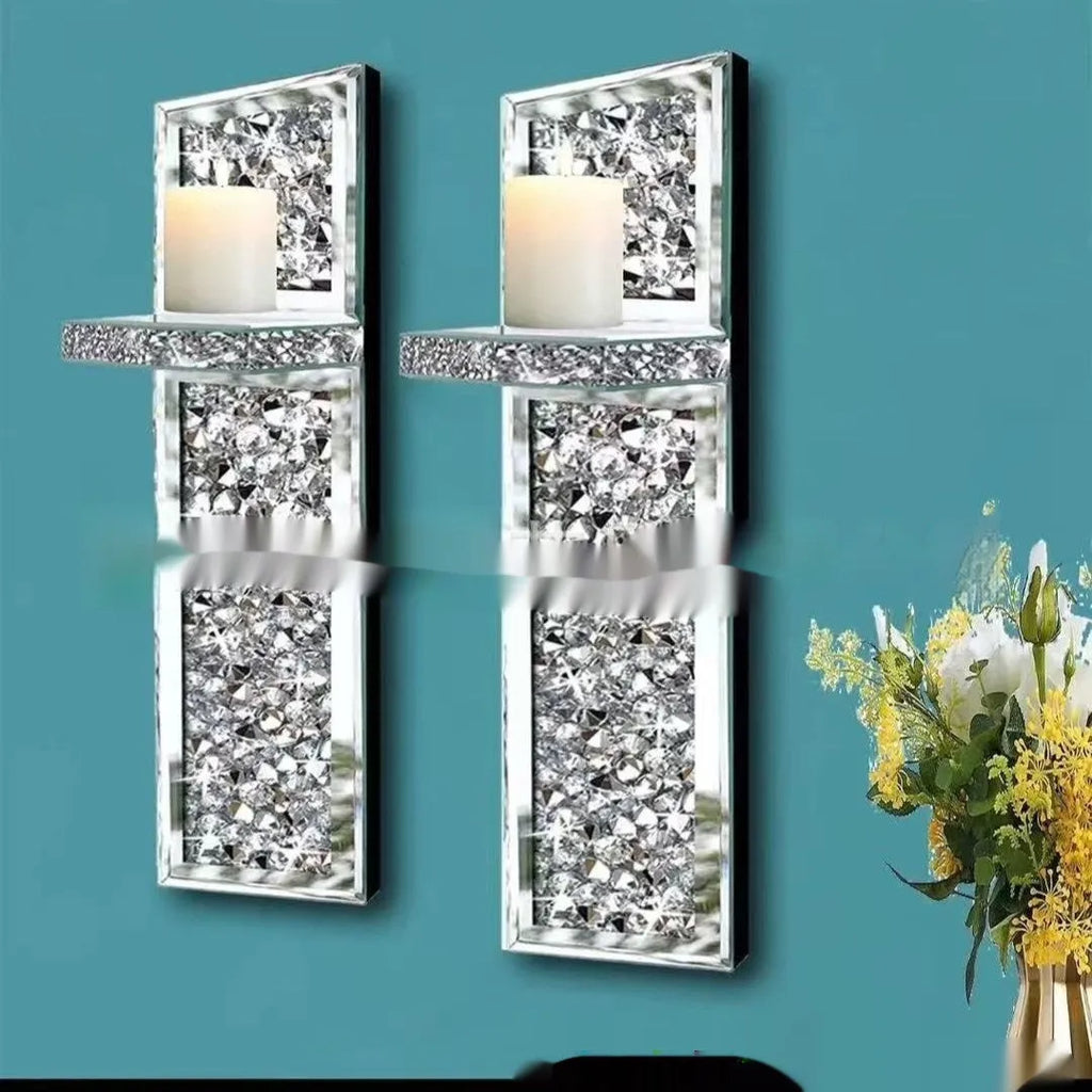 Pair of silver mirror glass candle holders for wall mounting with modern design