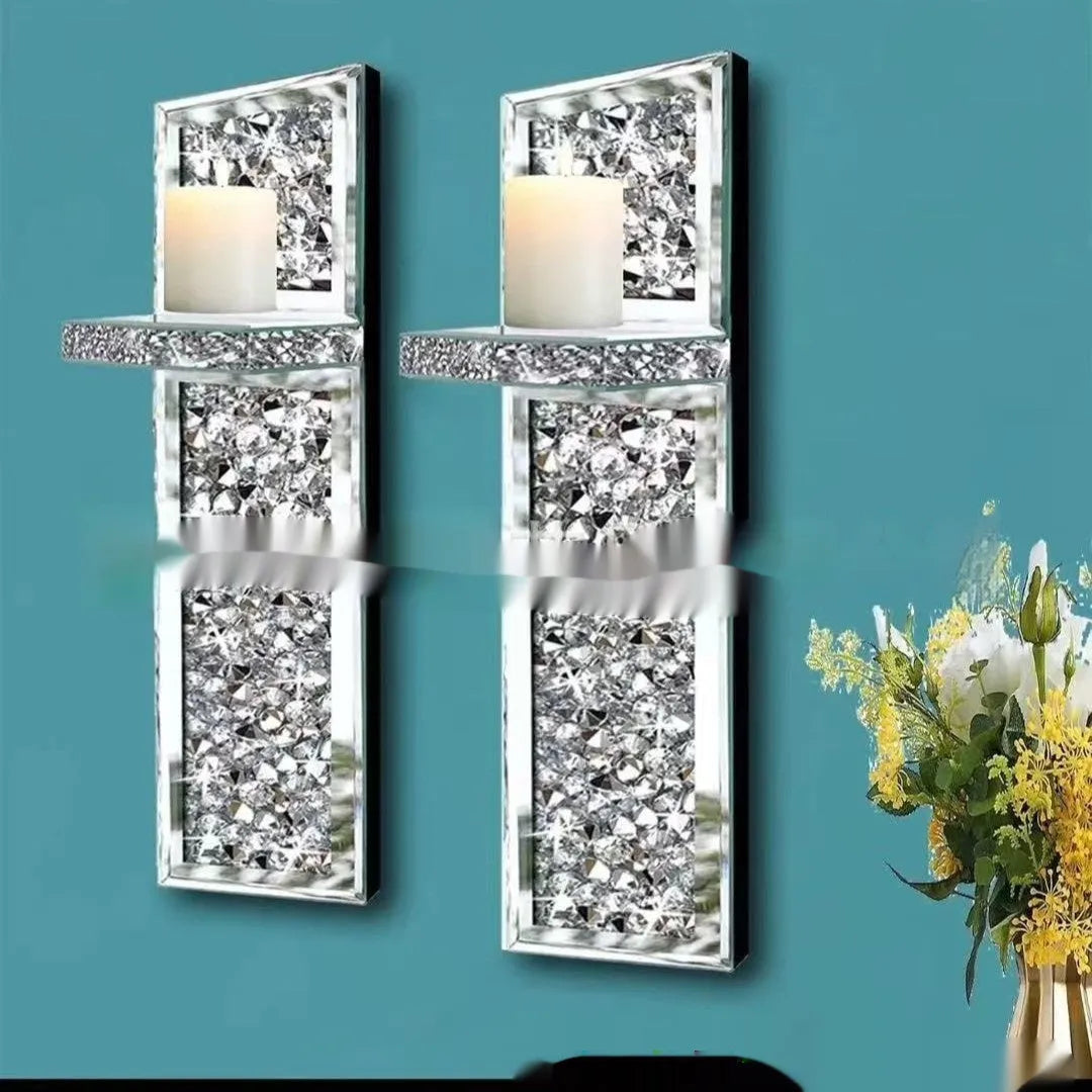 Pair of silver mirror glass candle holders for wall mounting with modern design