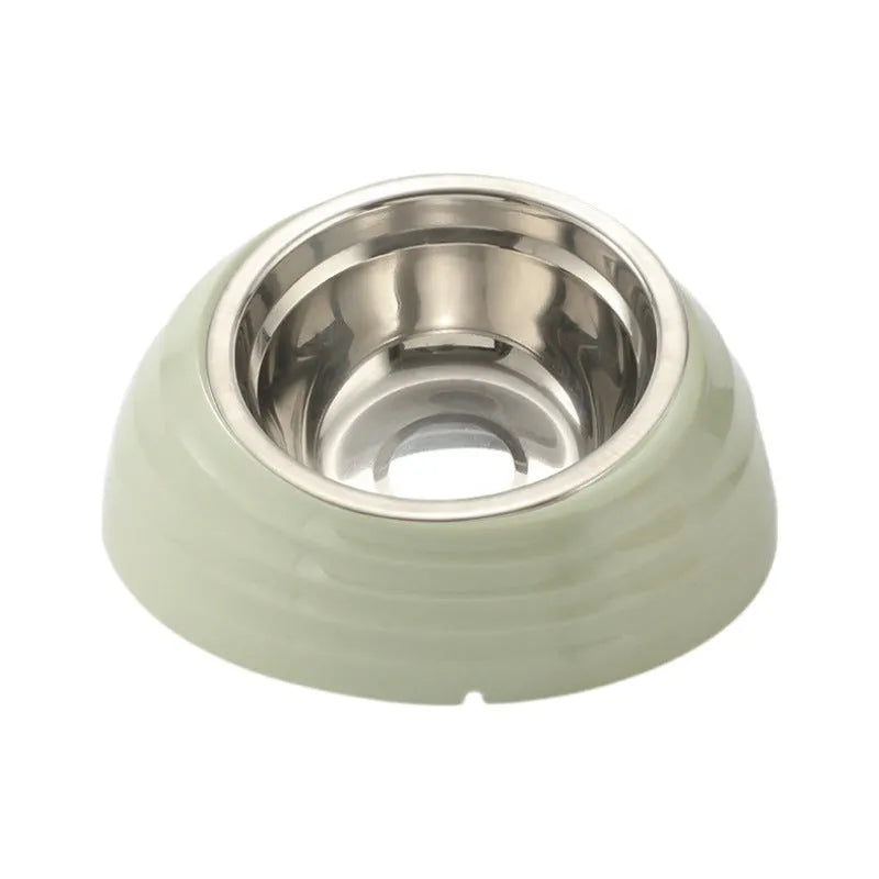 Stainless steel cat bowl with plastic base in beige, brown, and light green colour options