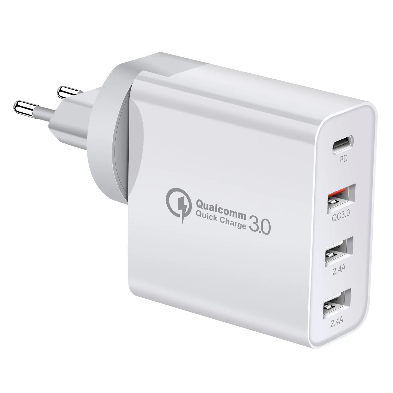 Black 48W PD fast charger with four Type-C USB ports shown with UK plug.