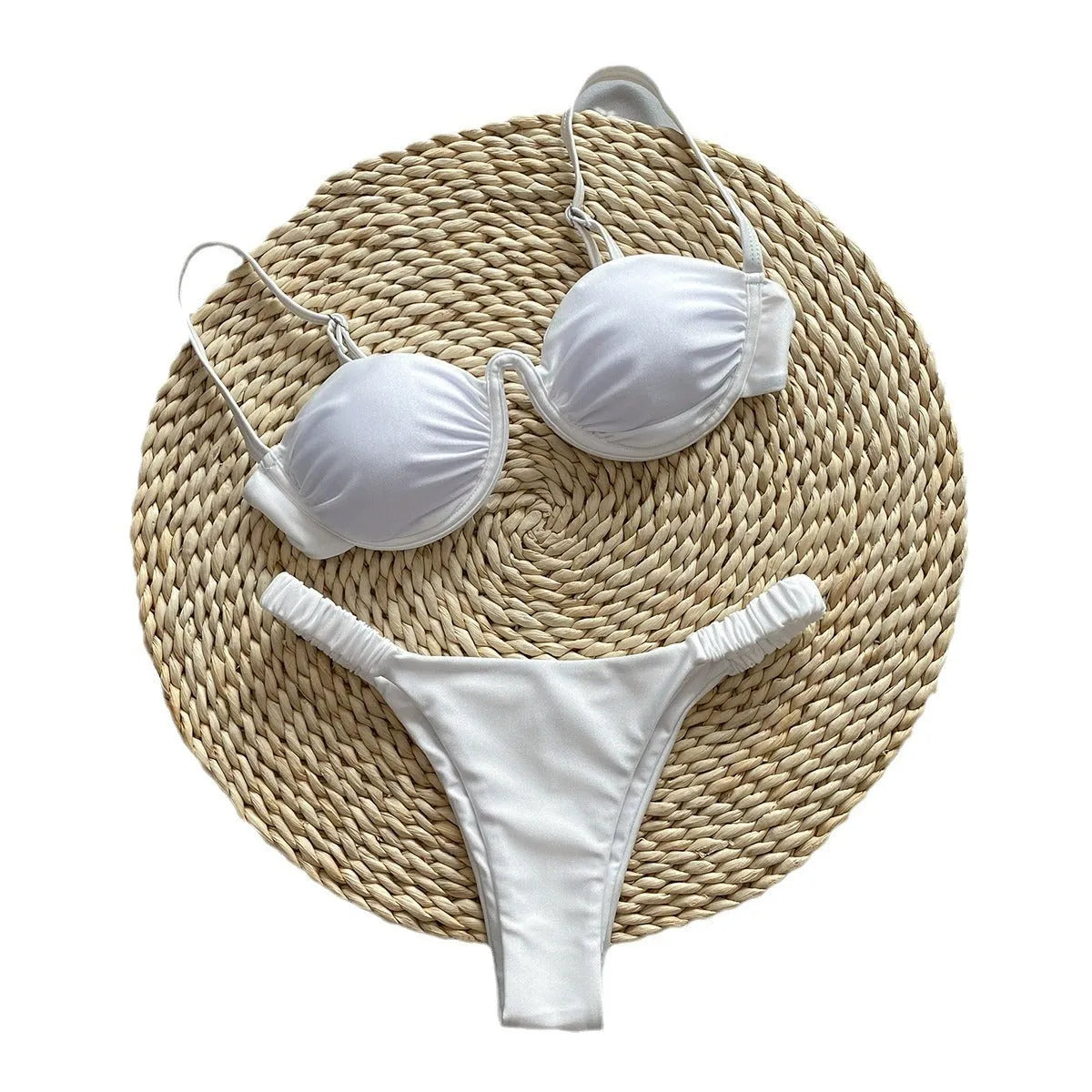 Women's black underwire bikini swimsuit with briefs style on a mannequin.