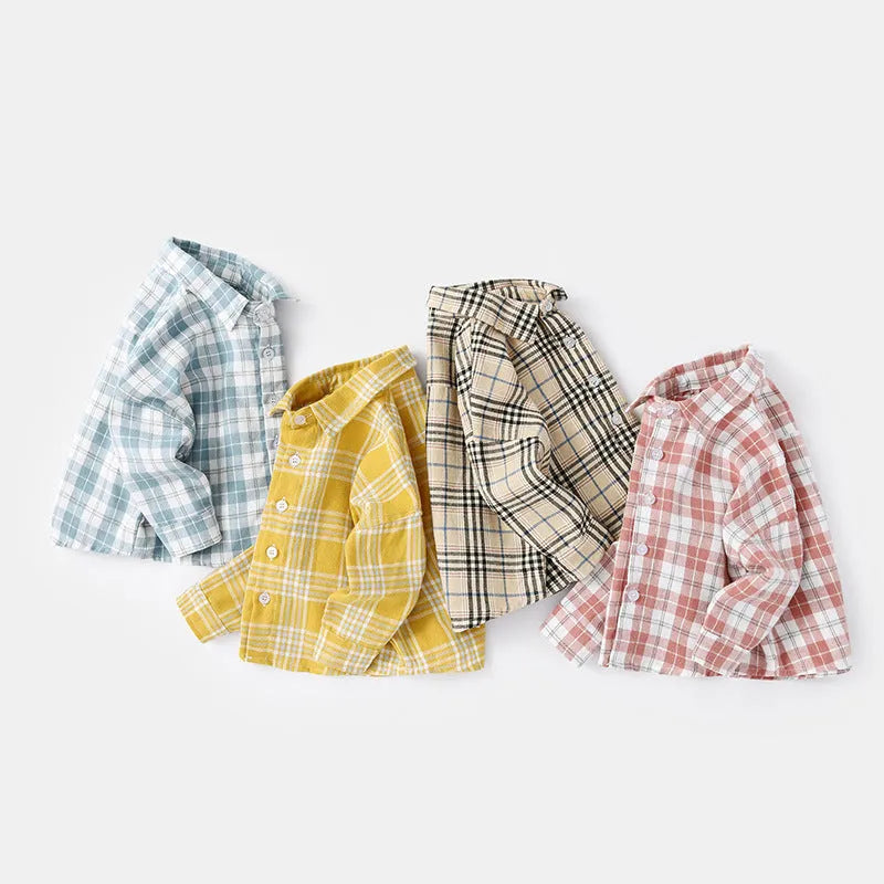 Boys' cotton long sleeve lattice shirt in khaki, featuring an animal cartoon pattern.
