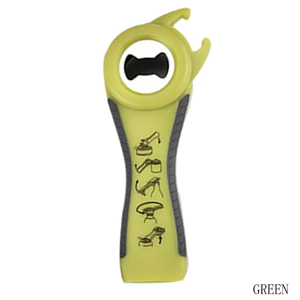 5 in 1 stainless steel can opener and bottle opener, 14.5 cm, with PP handle in black, green, purple, or white