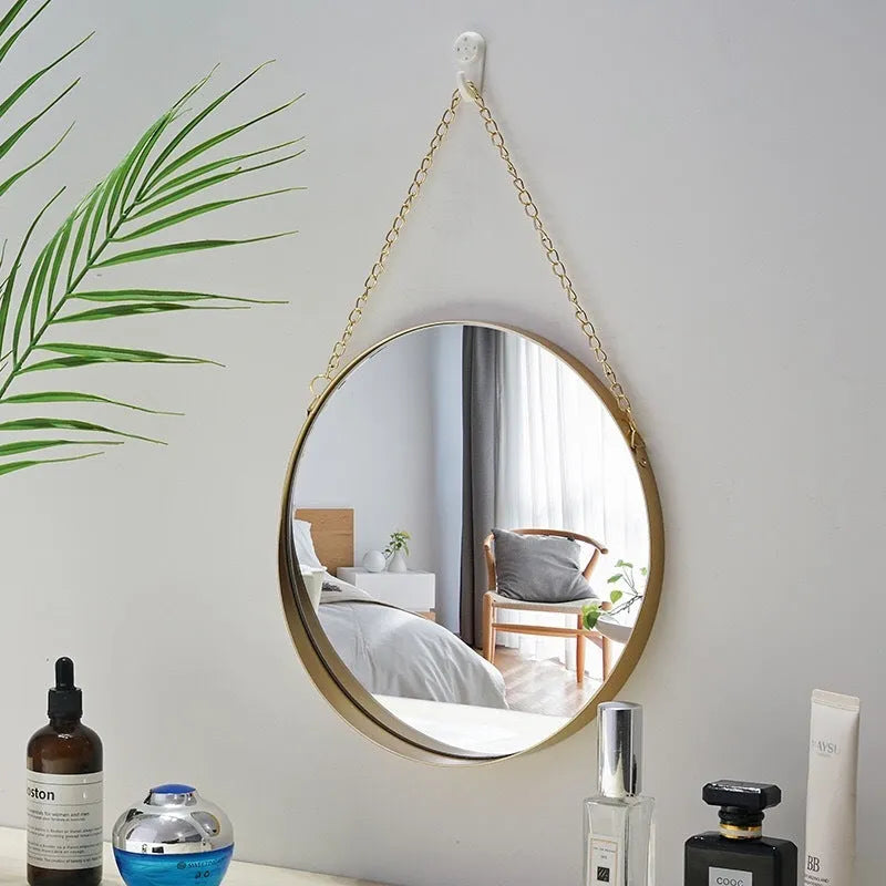 Gold round metal wrought iron bathroom wall mirror in Nordic style, packing size 25 x 25 x 4.5 cm
