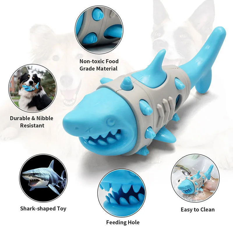 Blue, grey, and yellow dog teething toy with shark-tooth cleaning mimicry design