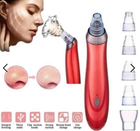 Black, gold, red, or white electric blackhead remover device with nozzle attachments on a white background.