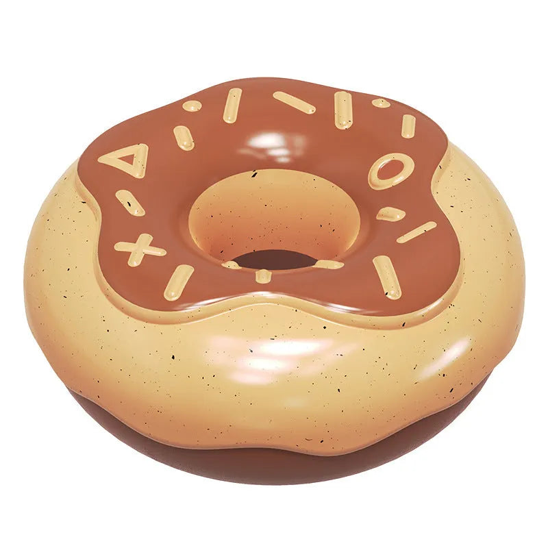 TPR donut-shaped dog chew toy with squeaker in pink, yellow, or chocolate colour.
