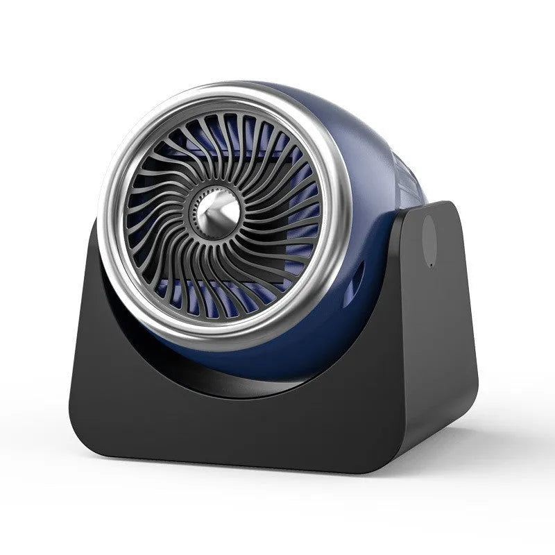 Navy blue 12V car heating fan with adjustable nozzle for defrosting windows and warming car interiors.