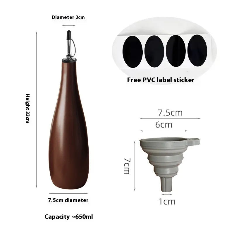 Ceramic oil pot with 650ml conical funnel and integrated pouring brush in black, coffee, or white finish