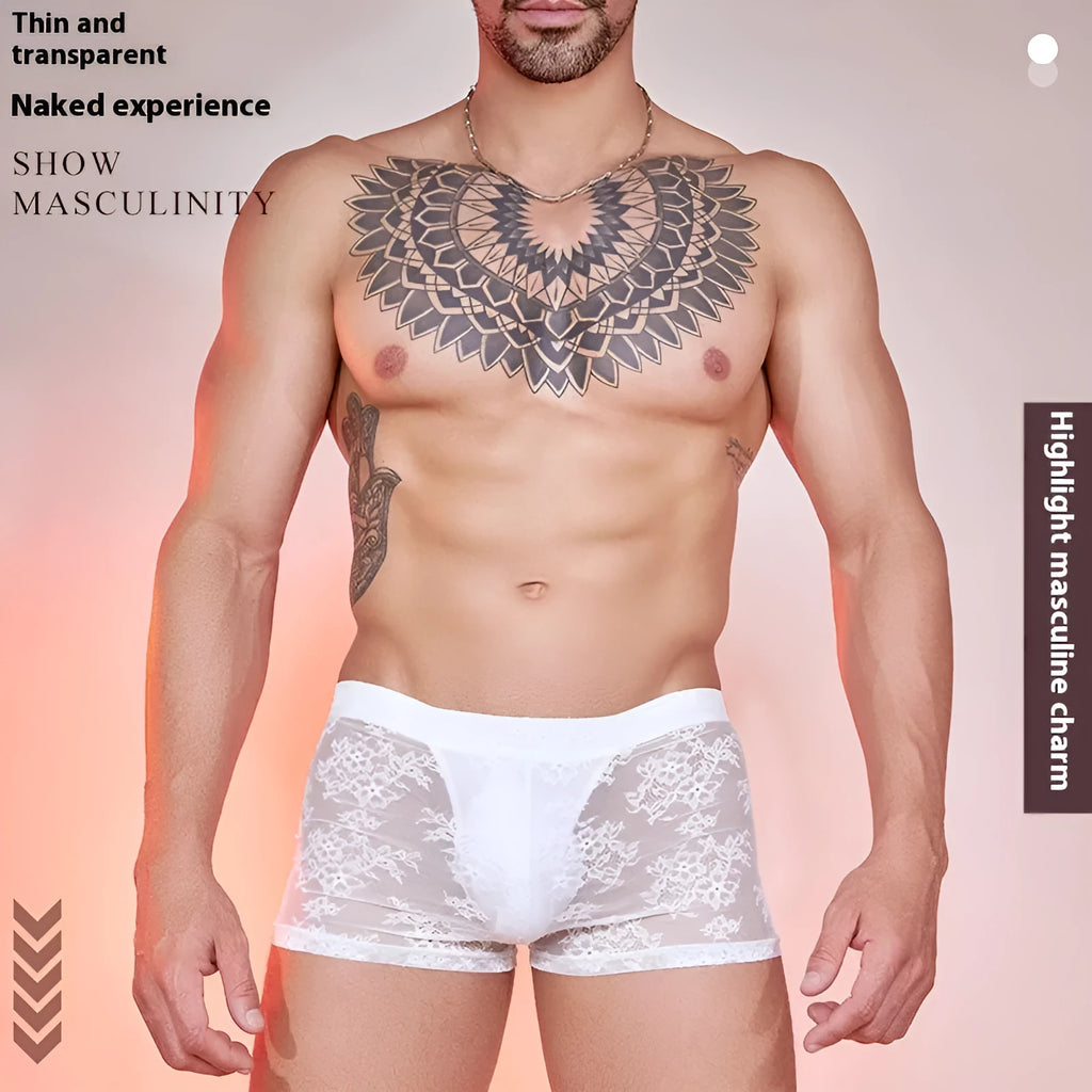 Men's black lace boxer briefs made from nylon fabric, laid flat.