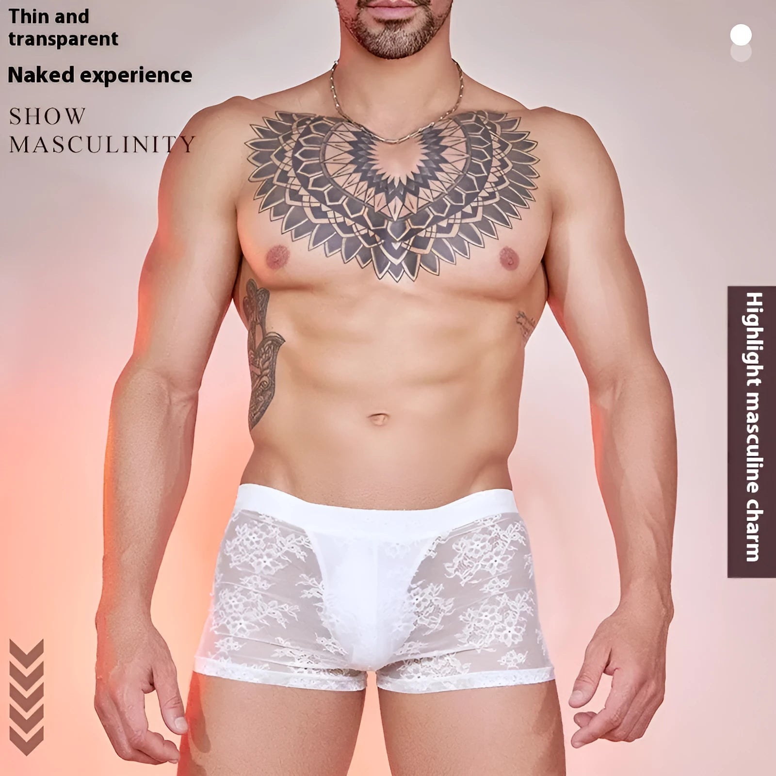 Men's black lace boxer briefs made from nylon fabric, laid flat.